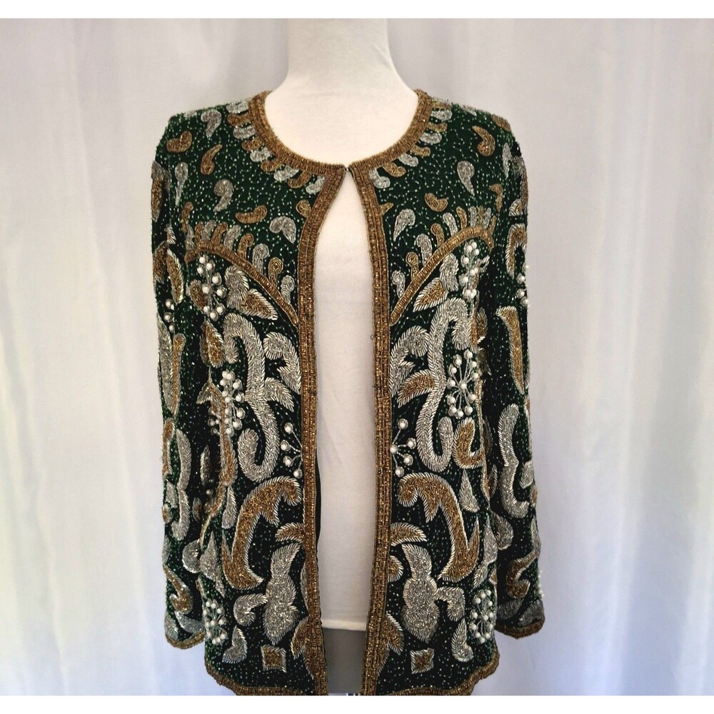 Vtg 80s Lawrence Kazar Heavily Beaded and pearled jacket Blazer Silk Stunning M